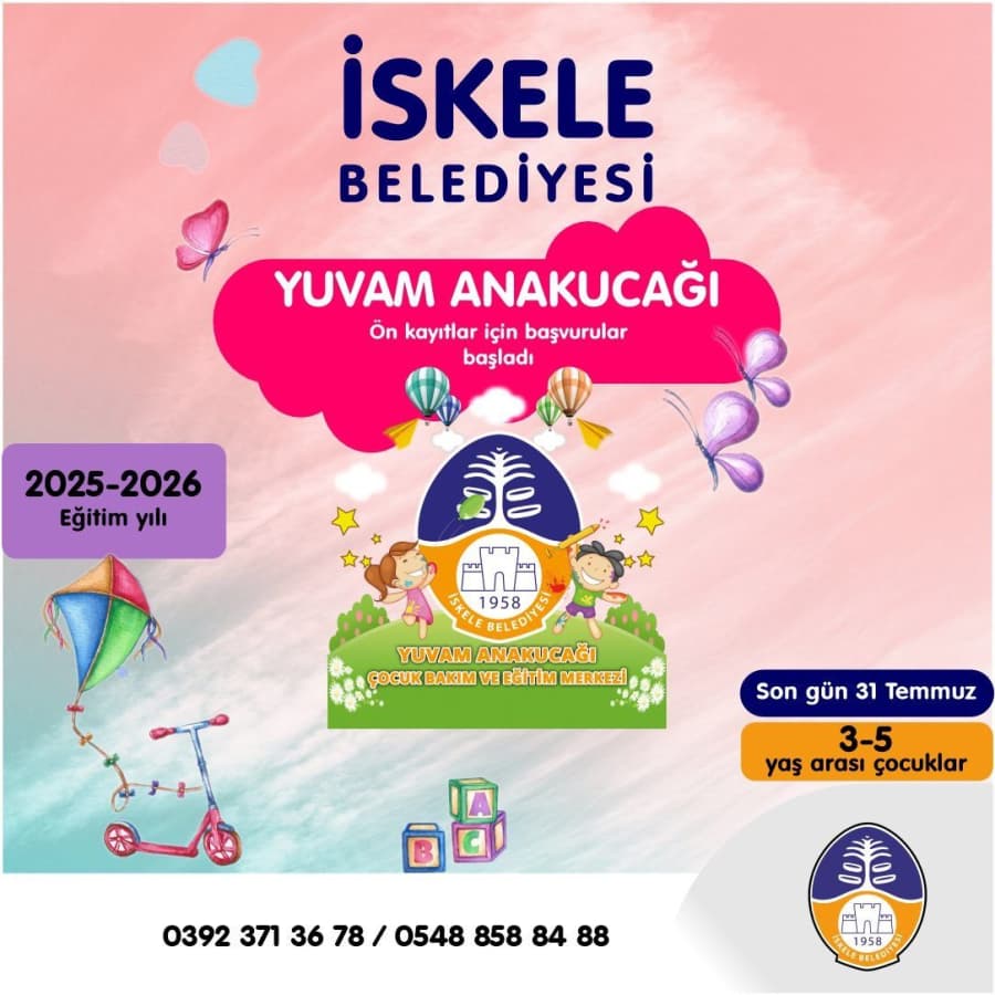 İskele Belediyesi bünyesinde hizmet veren Yuvam Anakucağı Çocuk Bakım ve Eğitim Merkezi'nde 3-5 yaş arası çocuklar için 2025-2026 eğitim yılı ön kayıt başvuruları başladı.