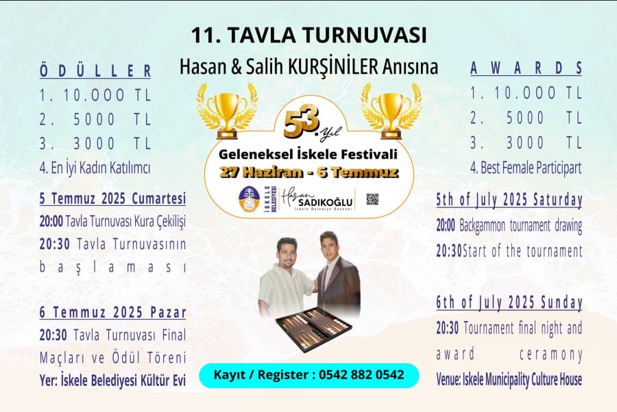 53. Geleneksel İskele Festivali'nde bu yıl Hasan&Salih Kurşiniler anısına düzenlenen 11.Tavla Turnuvasına kayıtlar başladı